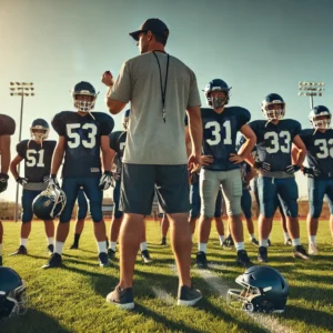 The raining Pillar of P2 Athletics in action. Players on a field listen to a coach during practice.