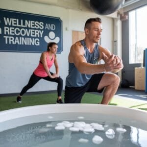 Man squatting in front of ice bath, woman stretching in background, in a gym with 'WELLNESS AND RECOVERY TRAINING' sign