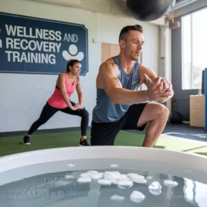 Man squatting in front of ice bath, woman stretching in background, in a gym with 'WELLNESS AND RECOVERY TRAINING' sign